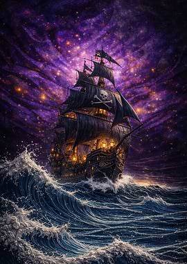 Pirate Ship Sailing Through Starry Sea