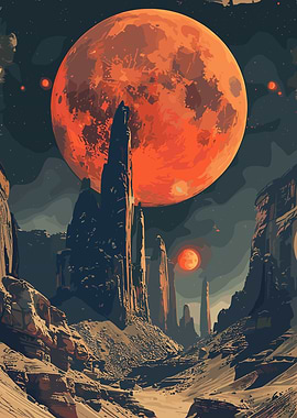 Desert Landscape with Red Moon