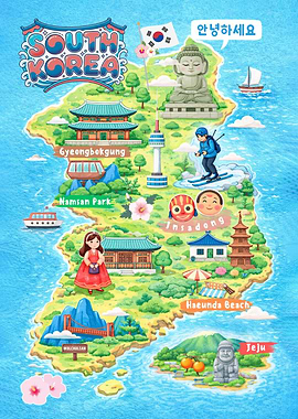 South Korea Travel Map Illustration