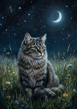 Cat in Field Under Moonlit Sky