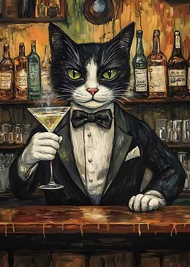 Sophisticated Cat with Martini at Bar