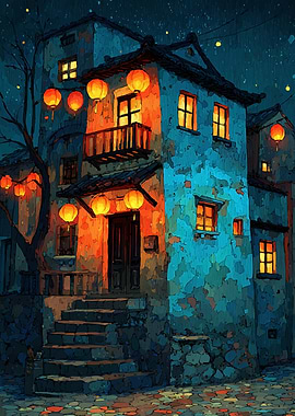 Nighttime Asian Village with Lanterns