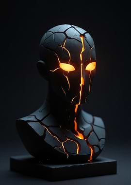 Cracked Stone Head with Glowing Eyes
