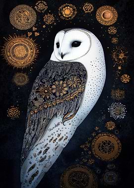 Ornate Owl with Golden Celestial Ornaments