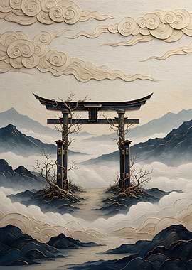 Torii Gate in the Wild – Gilded Zen Relief Asian Nature Art