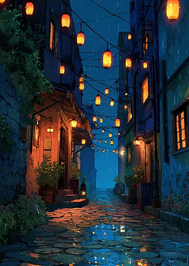 Rainy Night Street with Lanterns