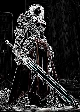 Armored Warrior with Sword in Cityscape