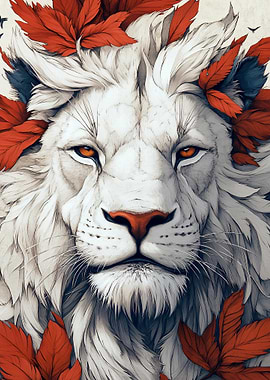White Lion with Autumn Leaves Portrait