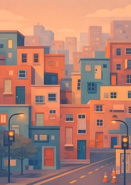 Colorful Cityscape with Buildings and Street