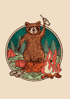 Raccoon Camping with Campfire and Booze