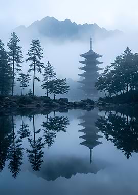 Pagoda Reflection in Misty Lake