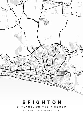 Brighton England White and Black Map