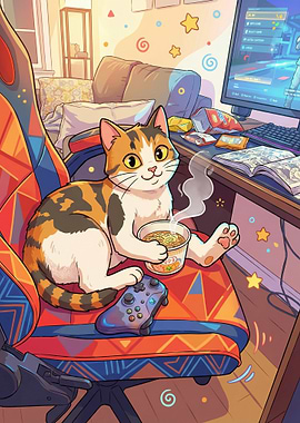 Cat Gaming with Ramen Noodles on PC