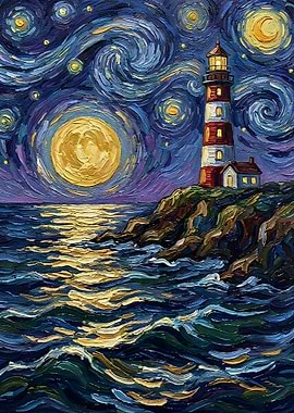 Lighthouse under Starry Night Sky Painting