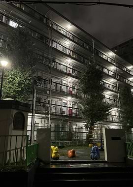 Japanese Apartment Building at Night