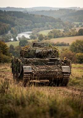 Camouflaged Tank in a Field