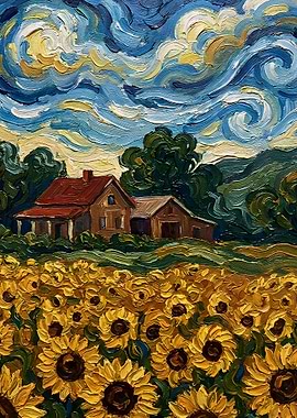 Sunflower Field with House Painting
