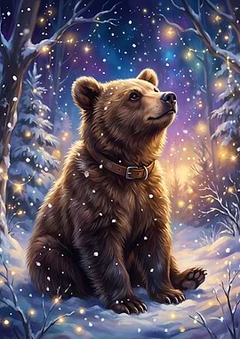 Winter Bear with Collar in Snowy Forest