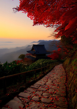 Japanese Temple in Autumn Landscape