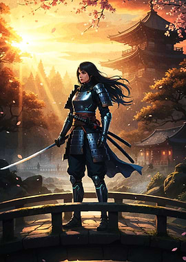 Female Samurai on Bridge at Sunset
