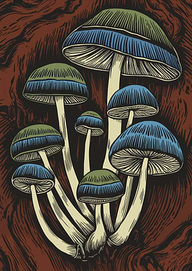 Blue and Green Mushroom Cluster Art Print