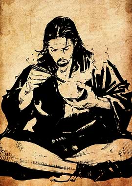 Samurai Eating with Chopsticks Illustration