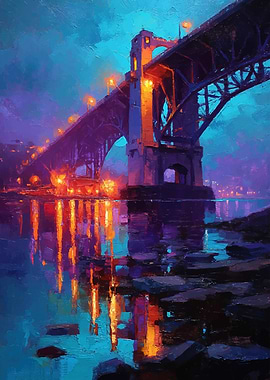 Night Bridge Painting with Water Reflection