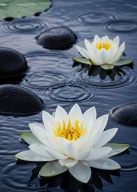 Water Lilies and Stones in Pond