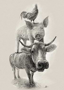 Cow Pig Chicken - Stacked Farm Animals Pencil Drawing