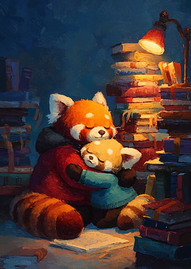 Red Pandas Hugging Among Books