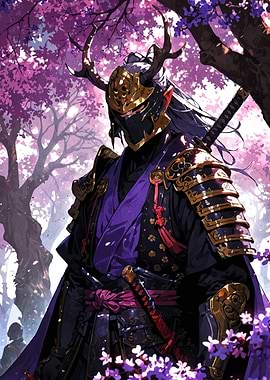 Samurai Warrior in Cherry Blossom Forest