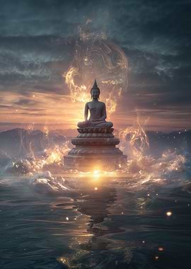 Buddha Statue in Water with Golden Light