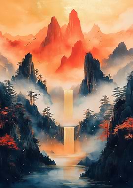 Mountain Waterfall Landscape Painting