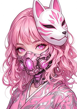 Pink Cyberpunk Girl with Kitsune Mask