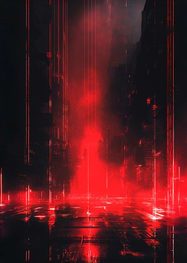 Cyberpunk Cityscape with Red Lights