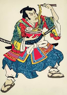 Samurai eating ramen illustration