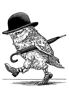 Owl in bowler hat with umbrella