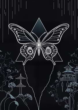 Steampunk Butterfly with Asian Landscape