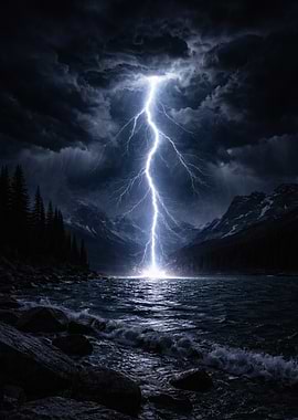 Lightning Strike Over Mountain Lake