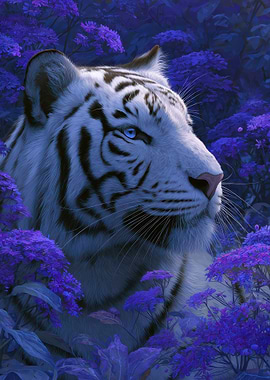 White Tiger in Purple Floral Setting