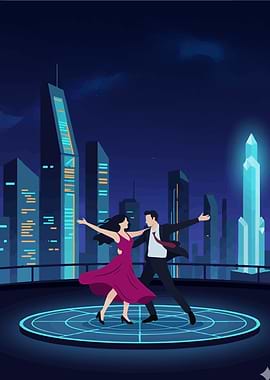 Dancing couple in futuristic cityscape
