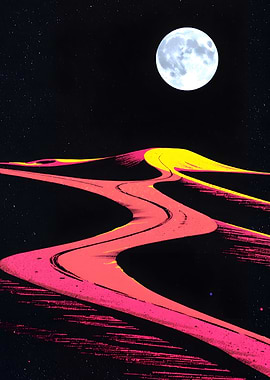 Surreal Desert Road Under Full Moon