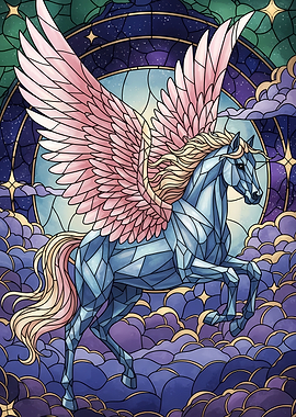 Stained Glass Pegasus in Starry Sky