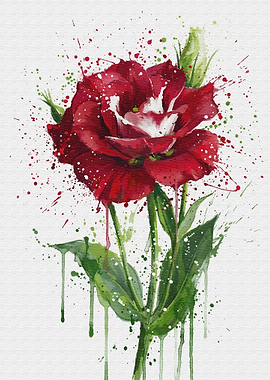 Watercolor Red Rose with Green Leaves