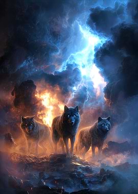 Three Wolves in Stormy Landscape