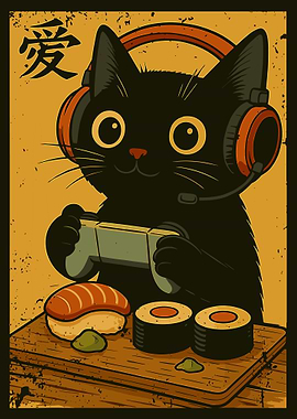 Gaming Cat Sushi Poster, Japanese Kawaii Wall Art, Anime Food Gamer Illustration Print
