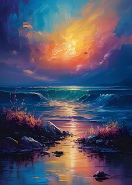 Vibrant Ocean Sunset Painting Oil Painting