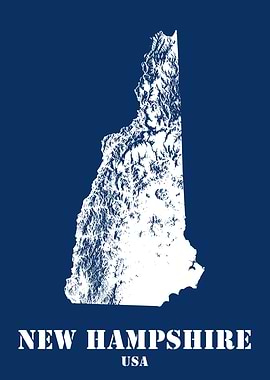 New Hampshire USA State Minimalist White Topographic Contour Map featuring terrain on navy blue background