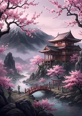 Japanese Temple with Cherry Blossoms