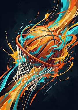 Basketball Through Hoop with Colorful Splashes